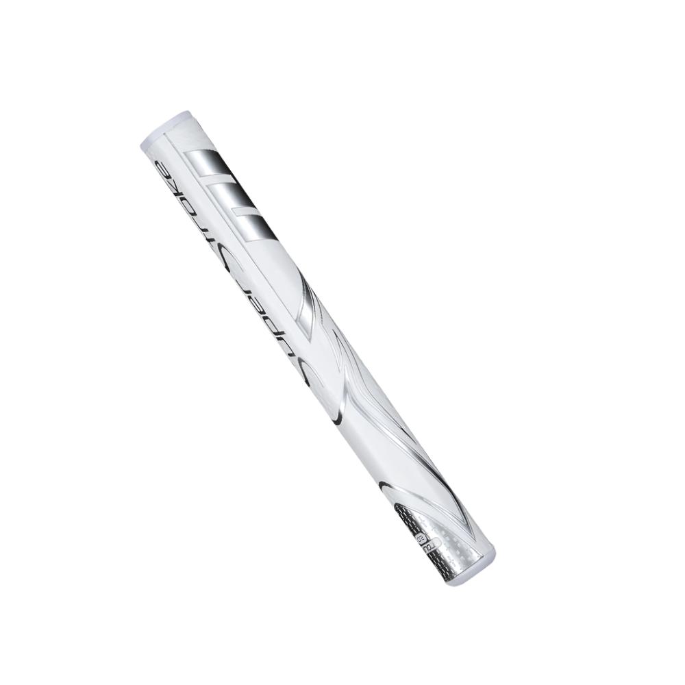 A black and white putter grip with a geometric pattern and the branding 'Super Stroke' visible.