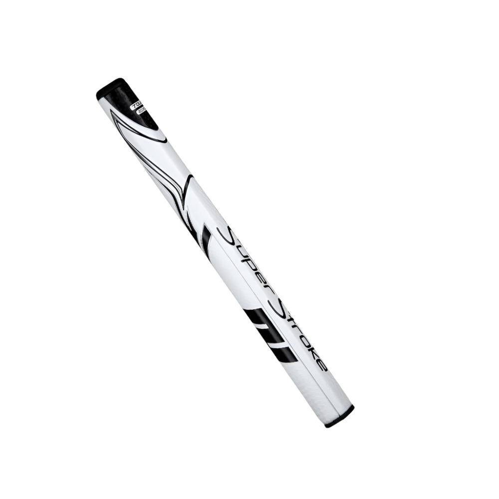 A white putter grip with black accents and the branding 'Super Stroke' displayed prominently along the length of the grip.