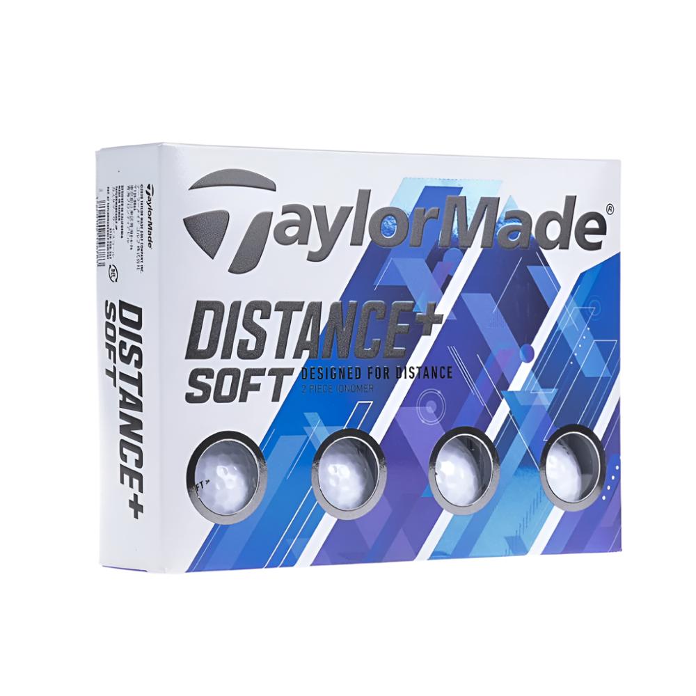 TaylorMade branding on a white box with 4 displayed golf balls designed for distance