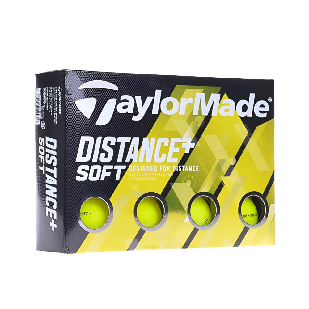 TaylorMade branding on a yellow box with 4 displayed golf balls designed for distance