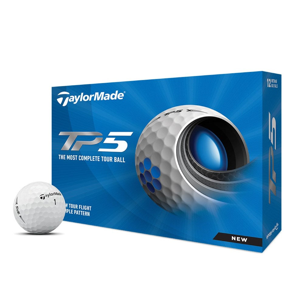 A box of TaylorMade TP5 golf balls with a single ball displayed in front, featuring white and yellow colors with brand and product information.