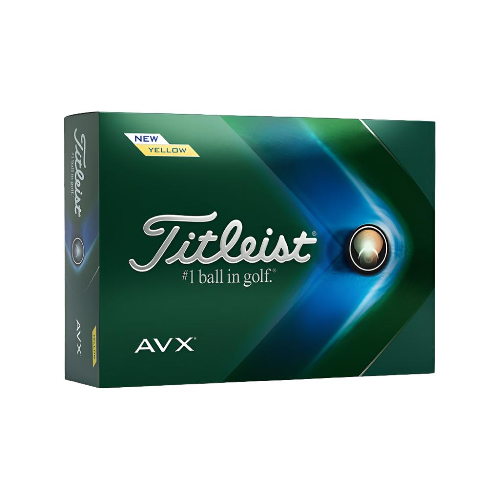 A box of Titleist AVX golf balls with the brand and model name displayed on the packaging.