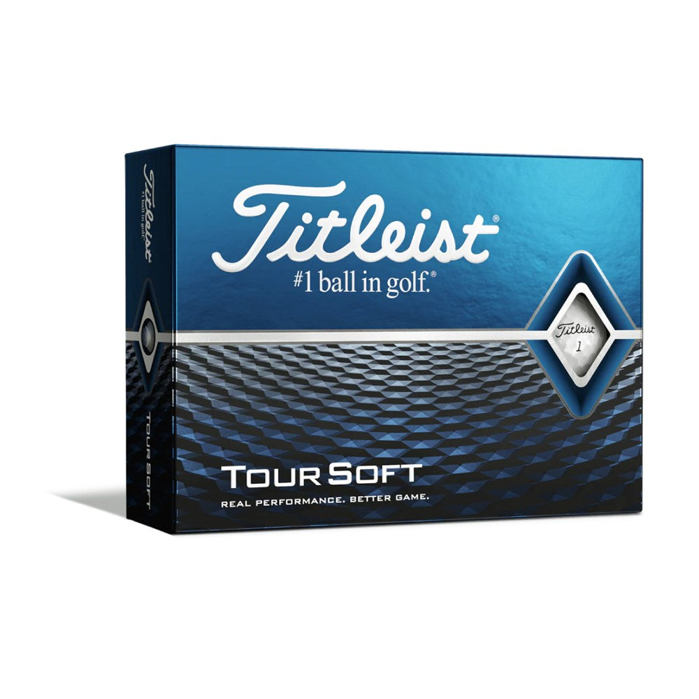 A box of Titleist Tour Soft golf balls, with a blue and white design and the brand logo prominently displayed.