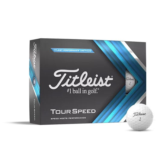 A box of Titleist Tour Speed golf balls with one ball visible in front, predominantly white with company branding and product name displayed.