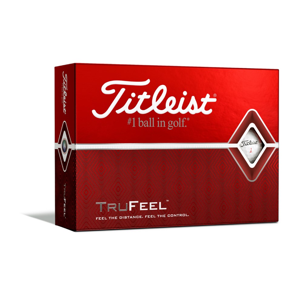 A red Titleist golf ball box with the brand name and the slogan 'TruFeel - Feel the Distance' on it.