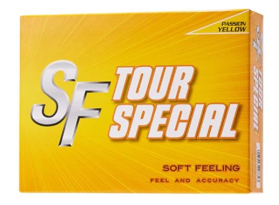 A box of Srixon Tour Special soft feeling golf balls in white and orange packaging.