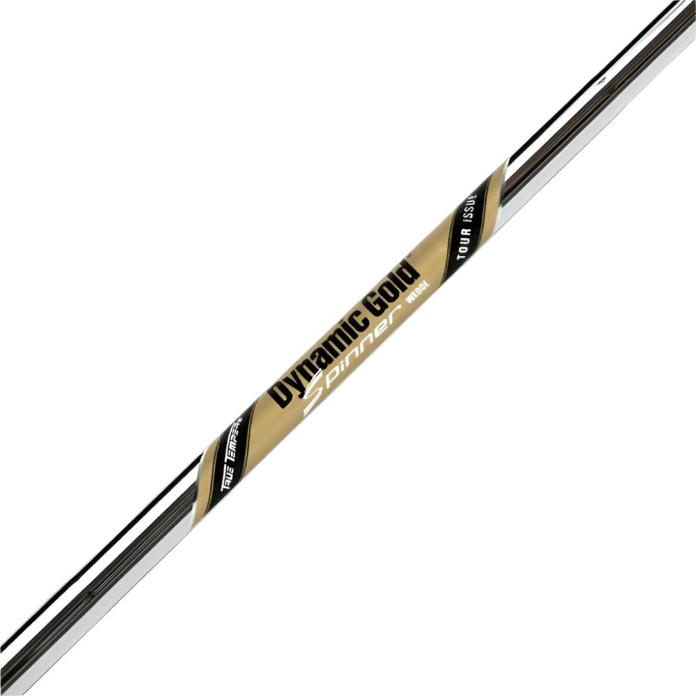 A close-up of a Dynamic Gold Spinner Iron Shaft for golf clubs, displaying the brand name and design details.