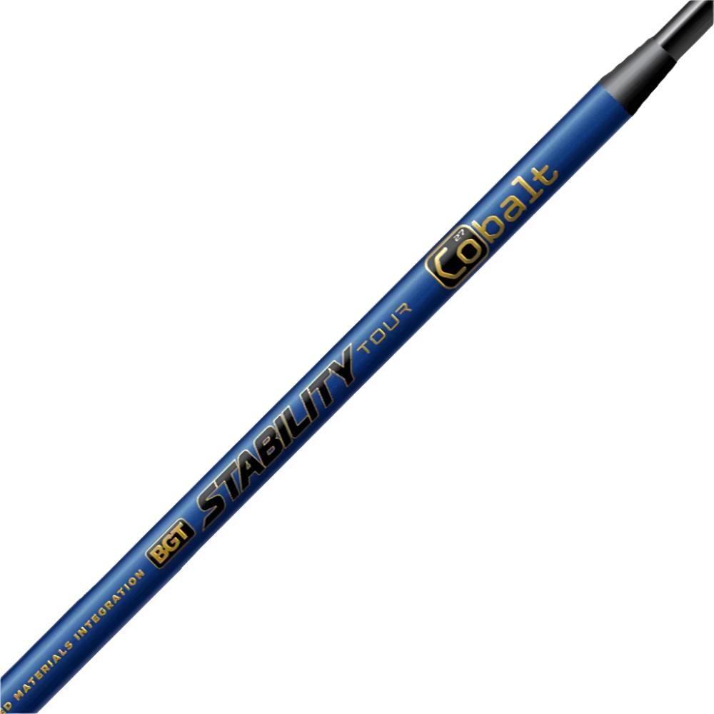 A close-up image of a Stability Tour Cobalt putter shaft with blue coloring and gold and white text detailing.