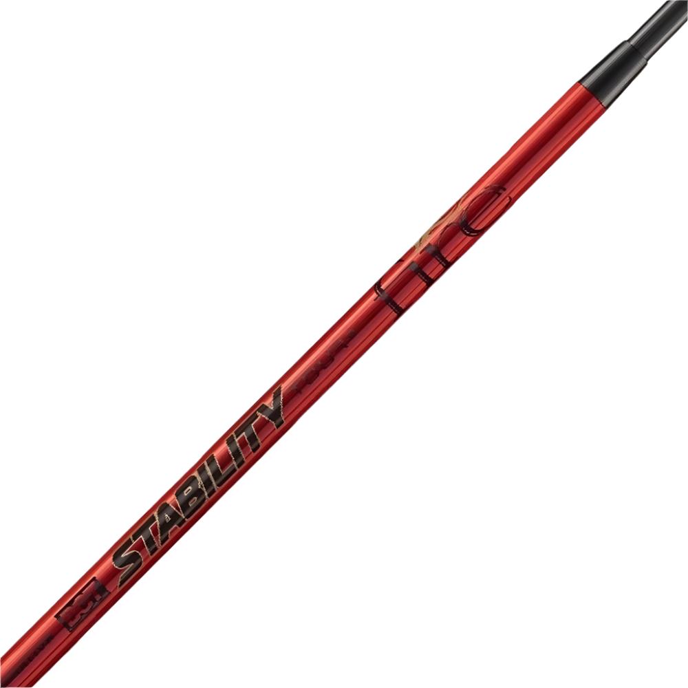 A close-up image of a Stability TOUR FIRE golf putter shaft in red color with black text stating 'STABILITY'.