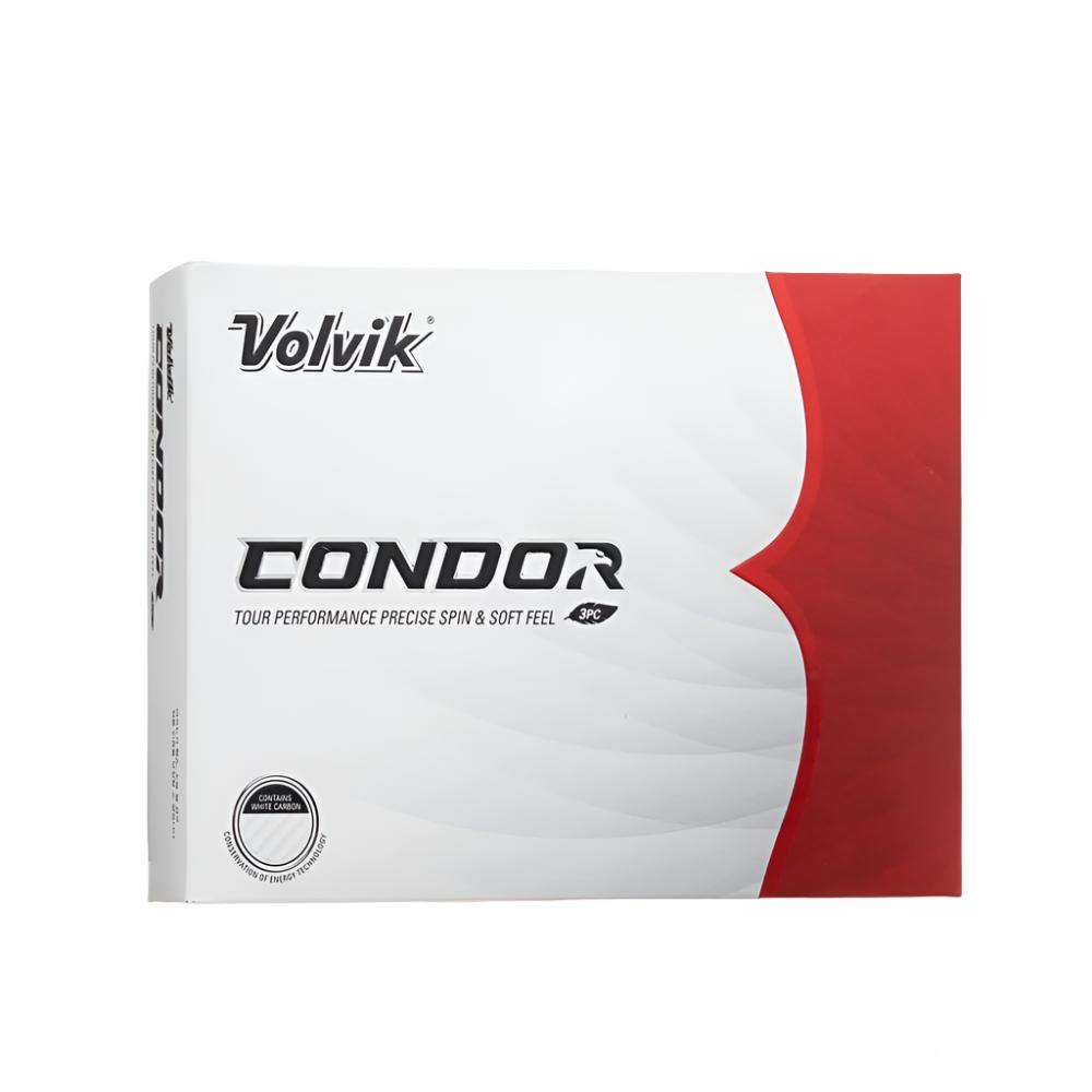 A box of Volvik Condor golf balls, predominantly white and red with text detailing the product features.
