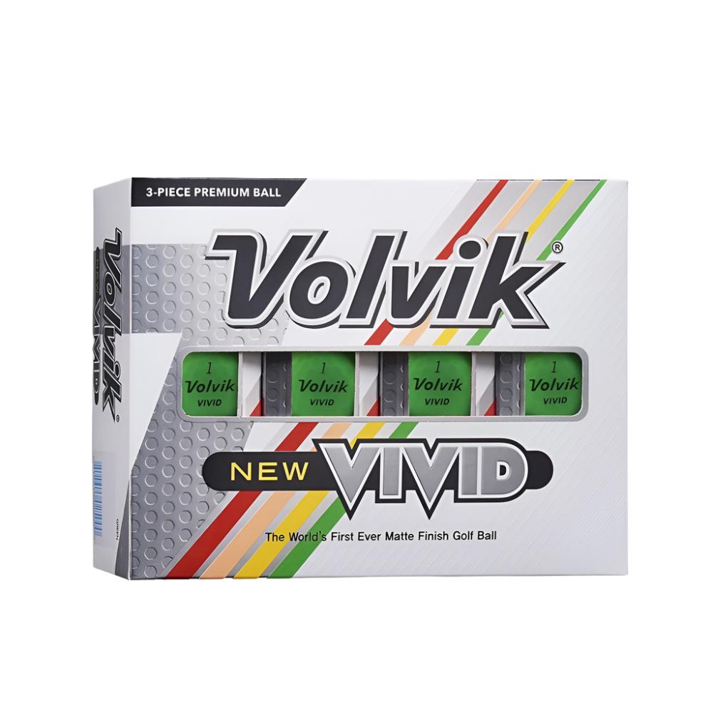 A box of Volvik Vivid golf balls with a matte finish. The packaging is predominantly white with colorful accents and displays the text 'The World’s First Matte Finish Golf Ball' and the VIVID brand logo.