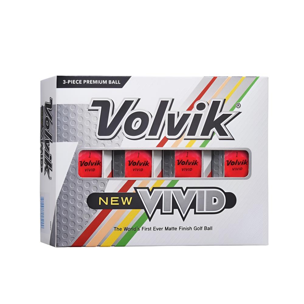 A box of Volvik Vivid golf balls with a matte finish. The packaging is predominantly white with colorful accents and displays the text 'The World’s First Matte Finish Golf Ball' and the VIVID brand logo.