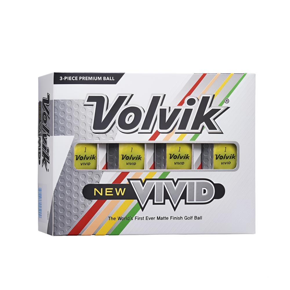 A box of Volvik Vivid golf balls with a matte finish. The packaging is predominantly white with colorful accents and displays the text 'The World’s First Matte Finish Golf Ball' and the VIVID brand logo.