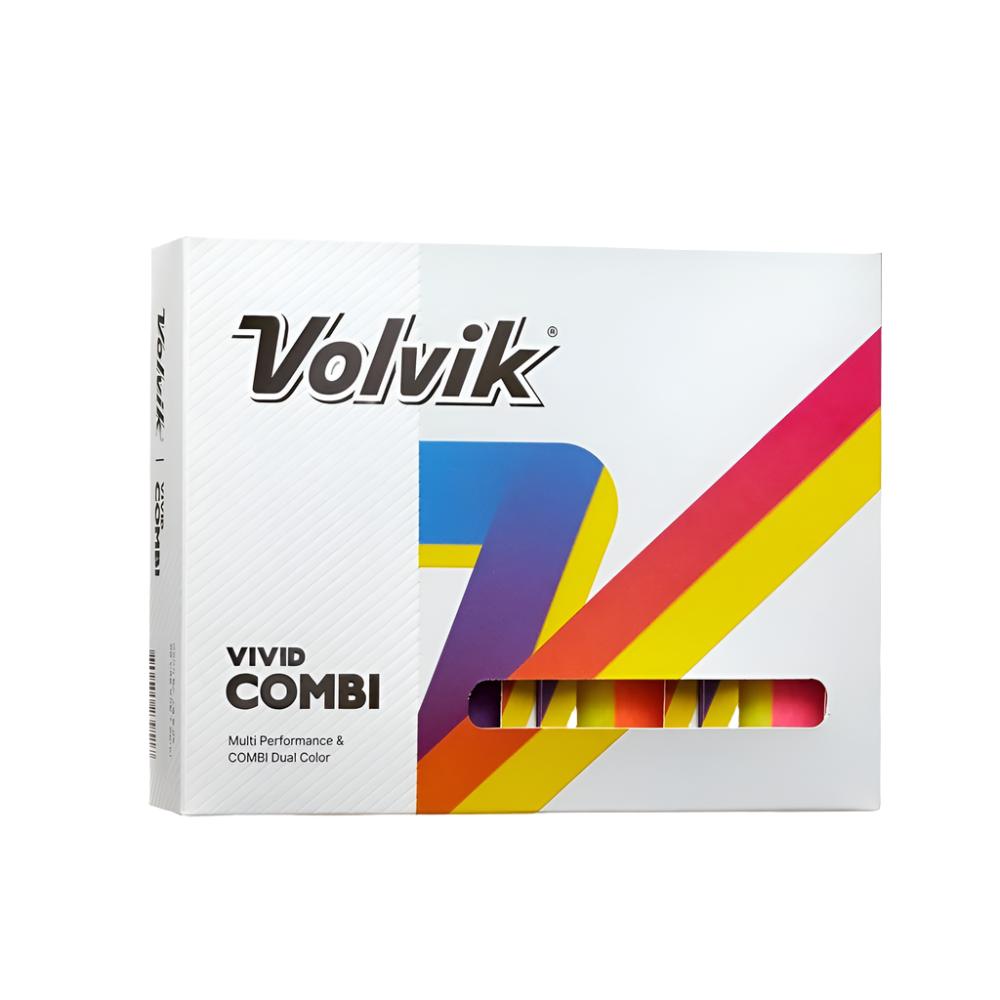 A box of Volvik Vivid Combi golf balls with multi-performance and dual color feature.