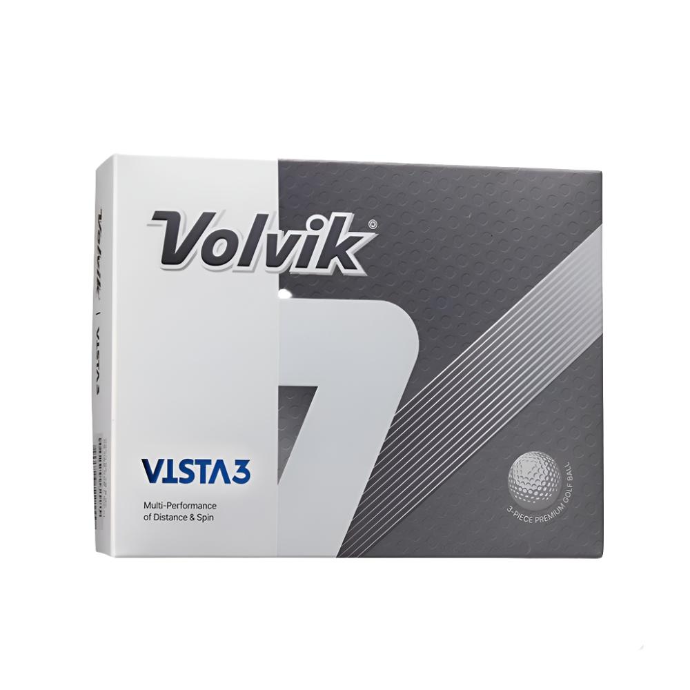 A box of Volvik Vista 3 golf balls with branding and product information displayed.