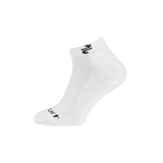 A pair of white, low-cut golf socks with the brand name 'Stuburt' visible on the ankle area