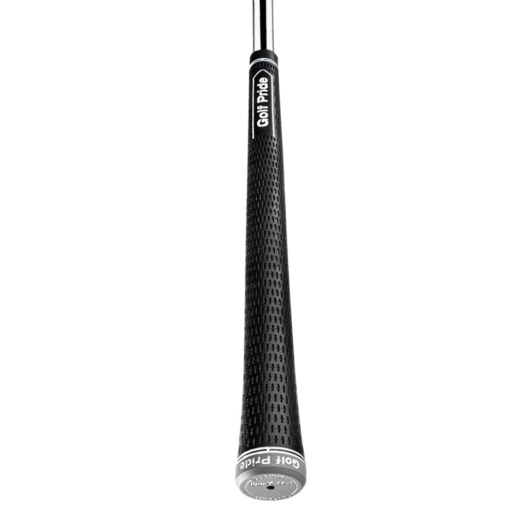 A black and gray Golf Pride midsize grip with Tour Velvet texture and Tour Tack outer layer.