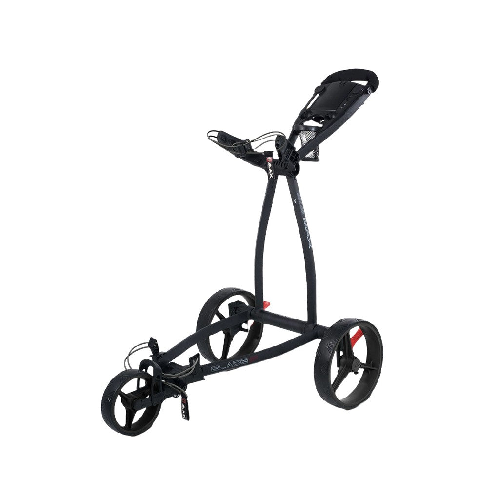 A three-wheeled golf cart with black and black colors, featuring a minimalist design with large wheels and a small frame.