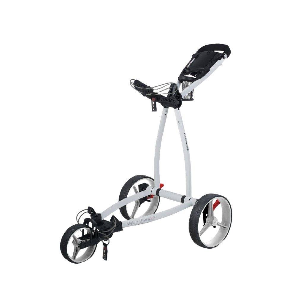 A three-wheeled golf cart with white colors, featuring a minimalist design with large wheels and a small frame.
