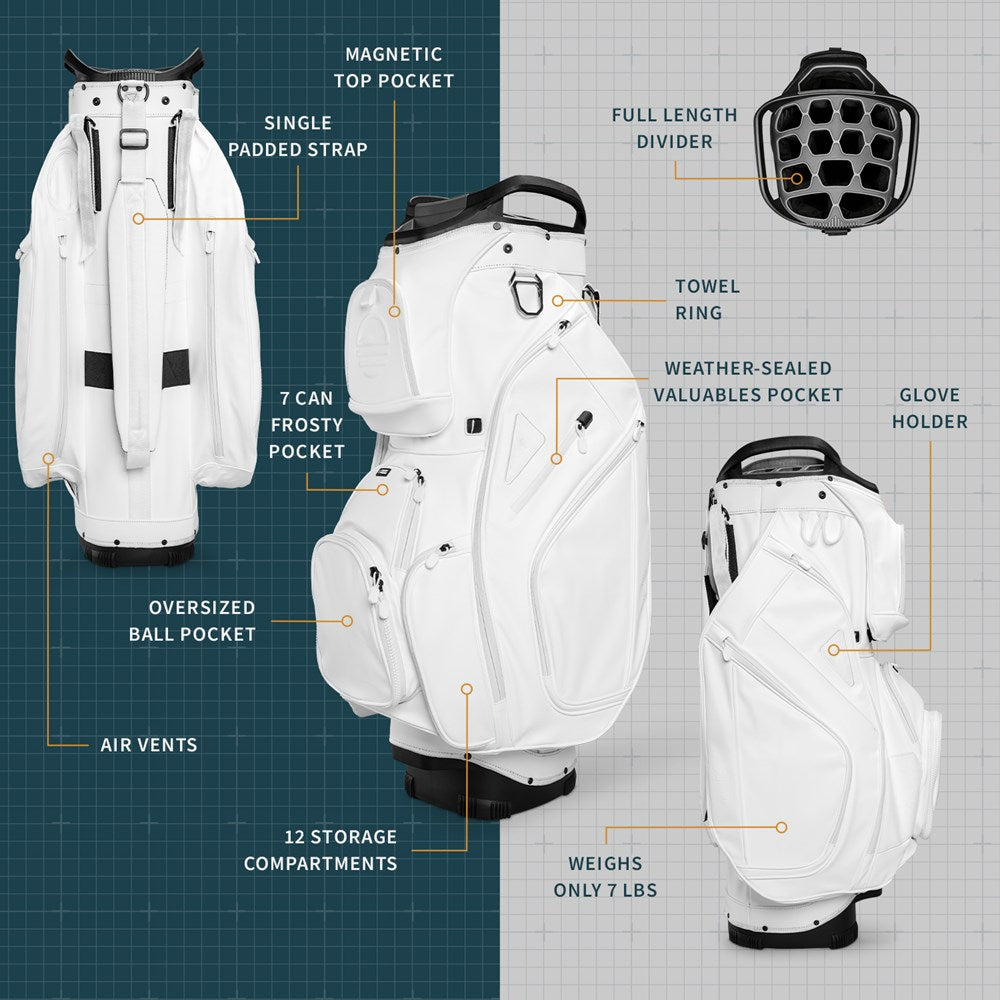 White golf bag on a white background with compartments 