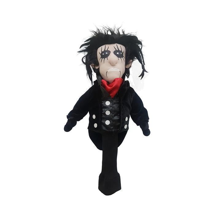 A knitted fabric driver headcover designed to resemble Alice Cooper, with black clothing and a red scarf.