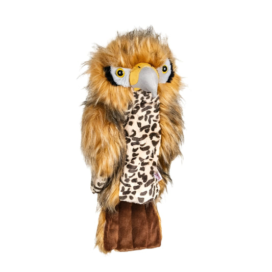 A plush golf club headcover designed to resemble an owl with a leopard print neck scarf.