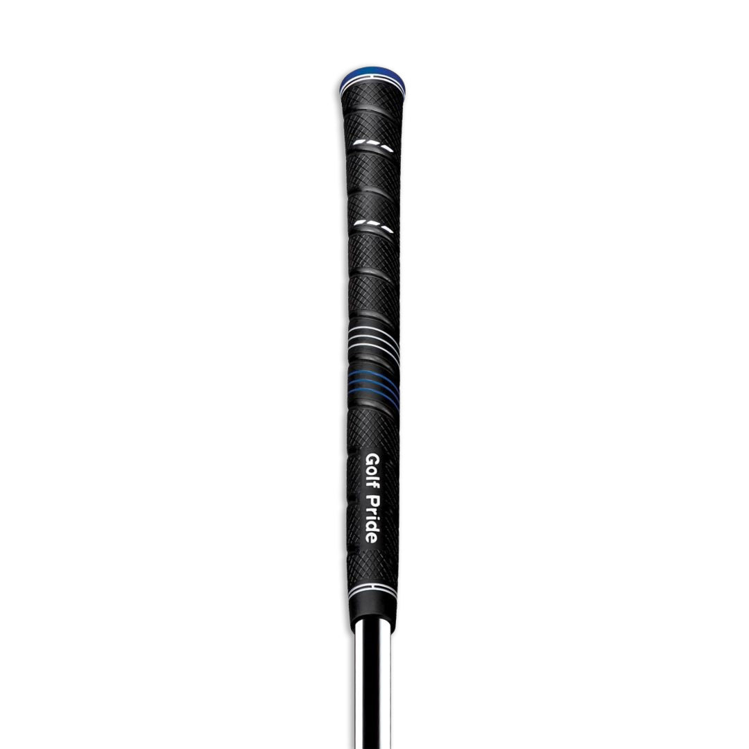A black Golf Pride CP2 Wrap golf club grip with blue accents.