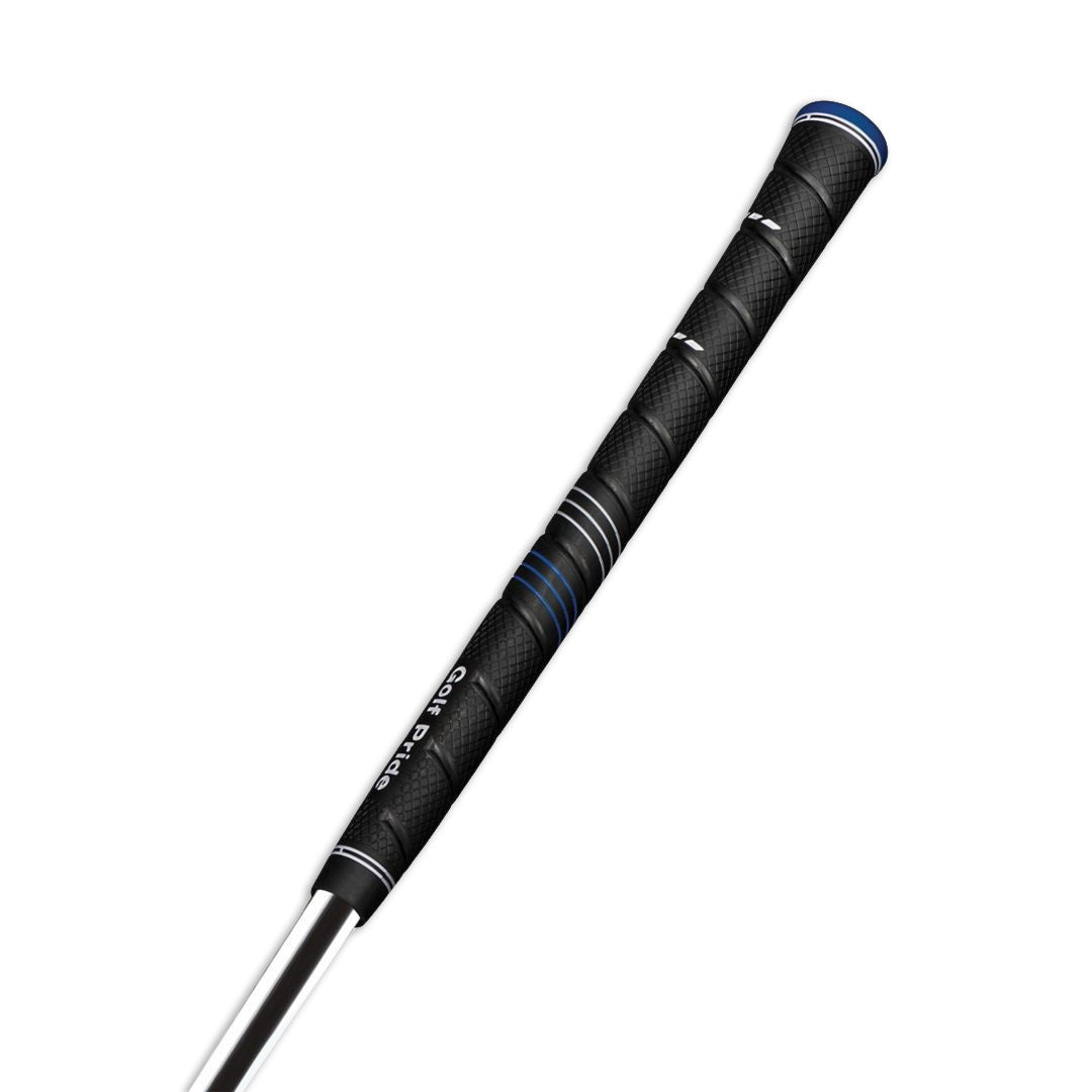 A black Golf Pride CP2 Wrap golf club grip with blue accents. Back view with logo and just golf pride grip
