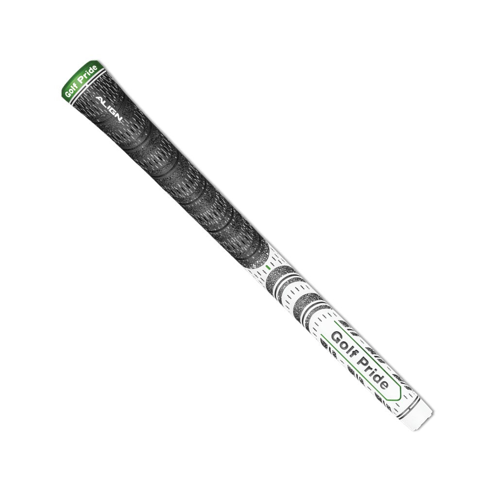A Golf Pride midsize golf club grip with black rubber and white cord, featuring white details and the Golf Pride logo.