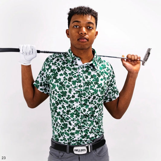 Pins & Aces - Polo Tee - Men’s Casual White Green Shamrock