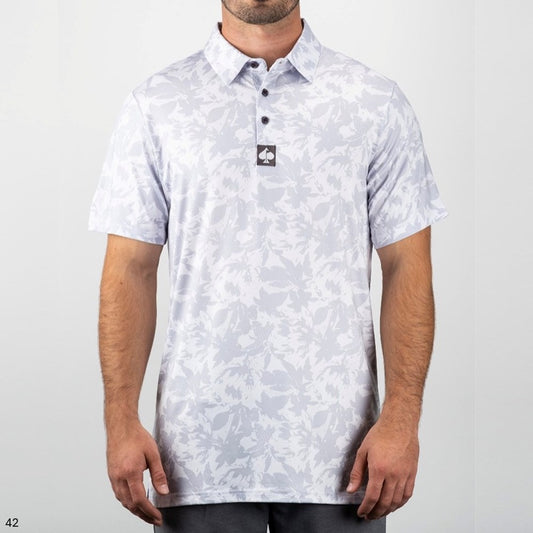 Pins & Aces - Polo Tee - Men’s Casual White Ash Grey Foliage Splash