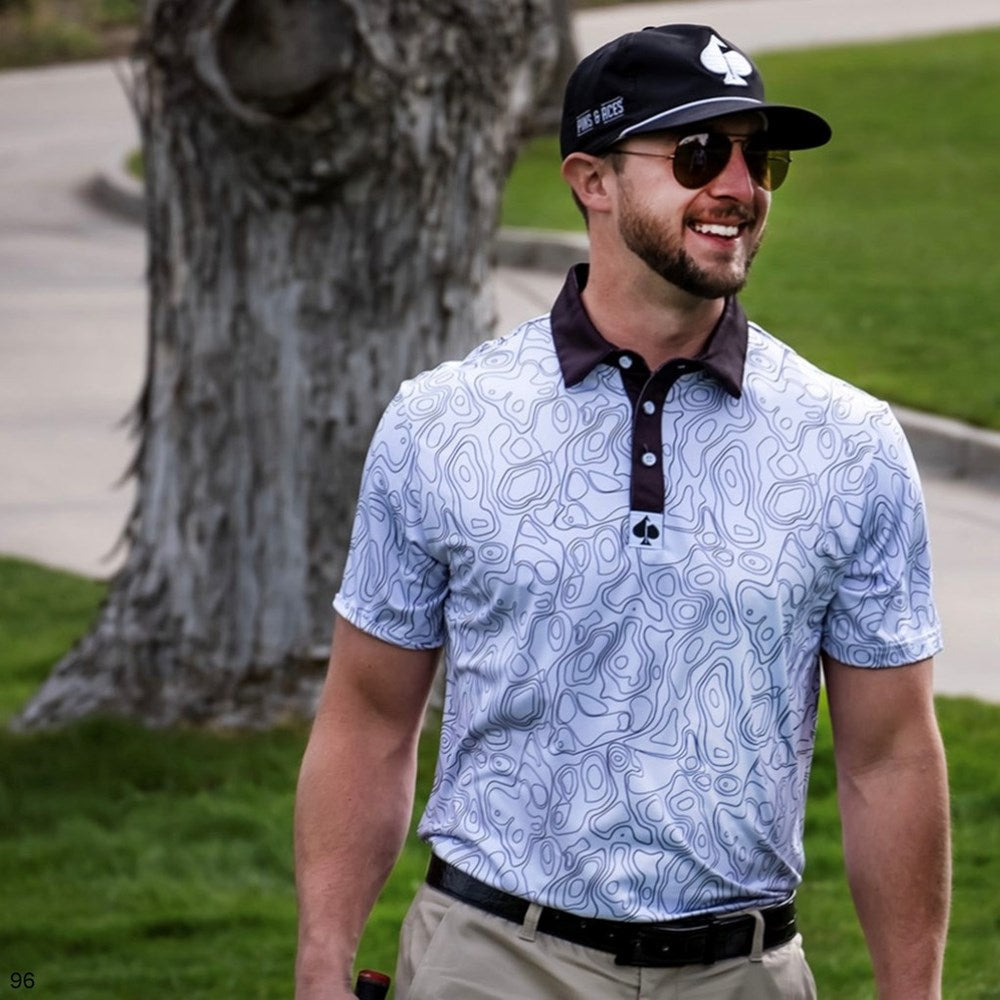 Pins & Aces - Polo Tee - Men’s Casual White Topography