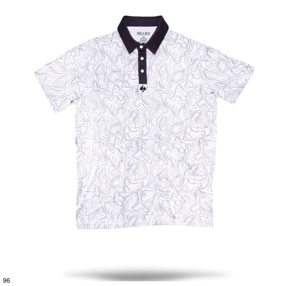 Pins & Aces - Polo Tee - Men’s Casual White Topography