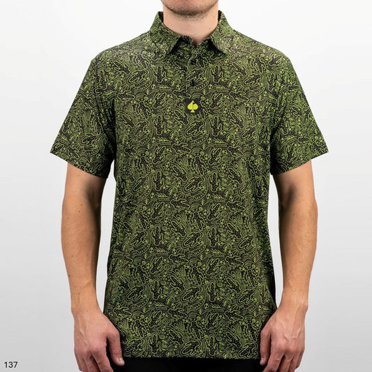 Pins & Aces - Polo Tee - Men’s Casual Forest Green Cactus Doodle