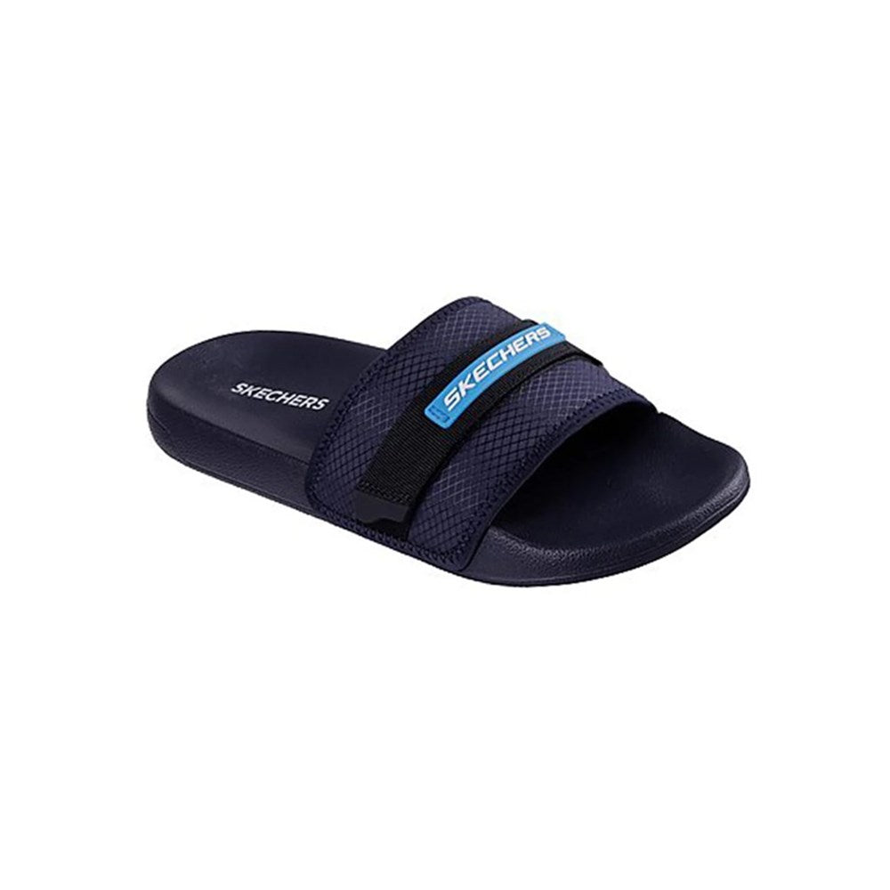 Navy blue sandal with black strap and blue label on a white background