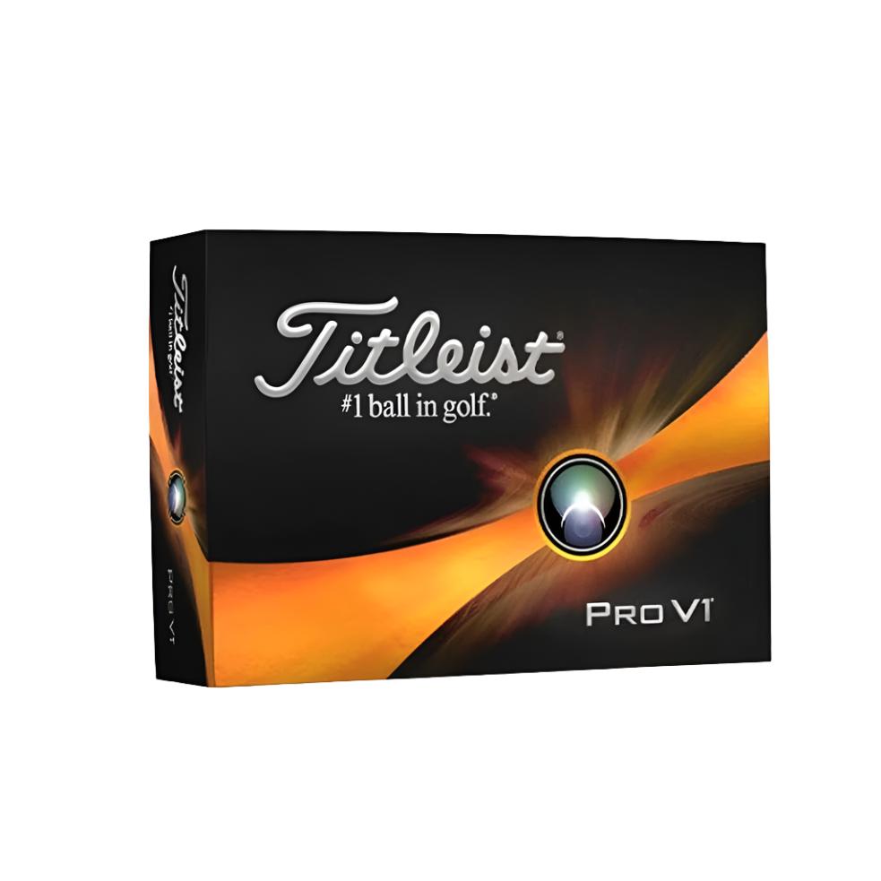 A box of Titleist Pro V1 golf balls with brand and model name visible.