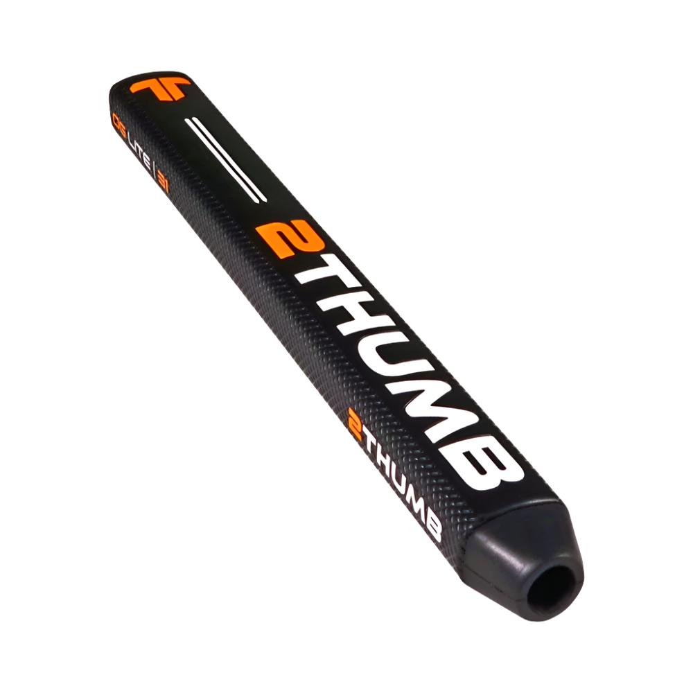 A black putter grip with orange Two Thumb branding and white accent lines.