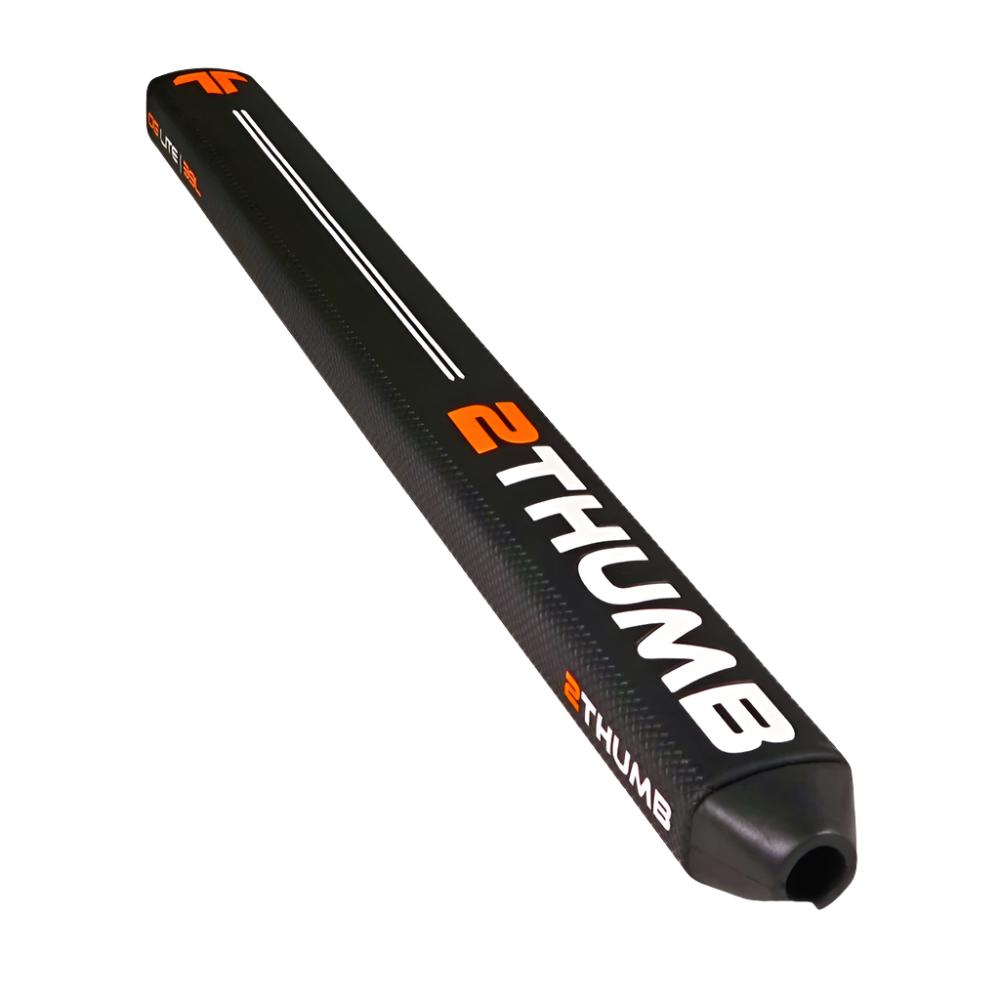A black golf putter grip with the Two Thumb brand logo and orange accents.