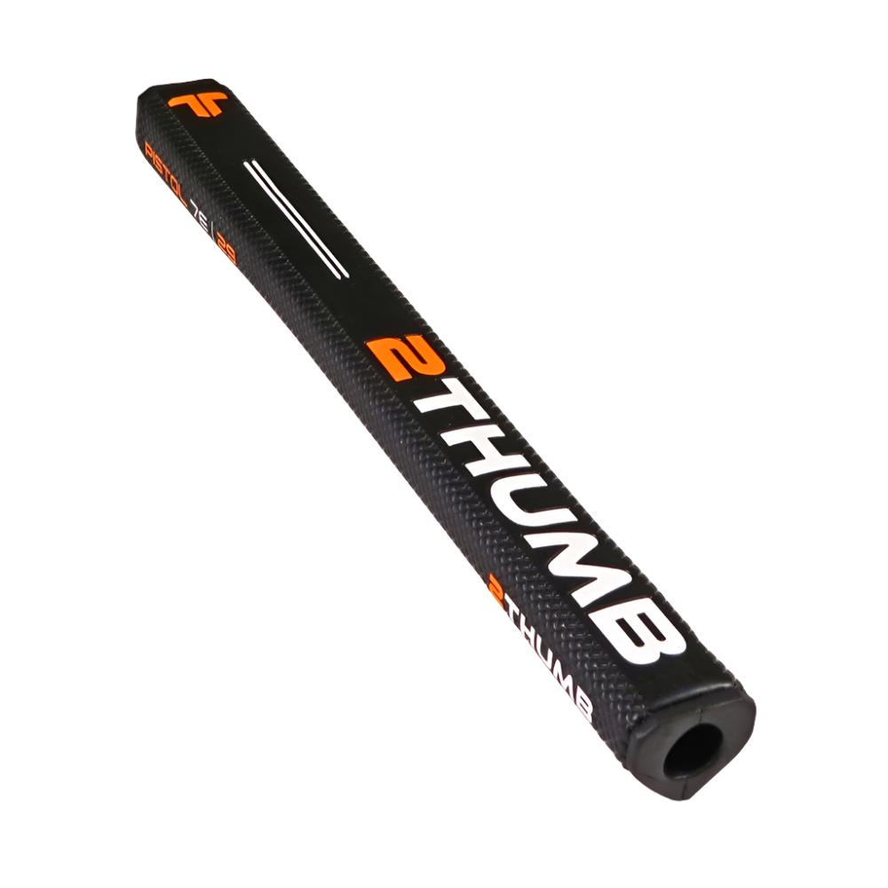 A black putter grip with orange Two Thumb branding and white dimpled texture.