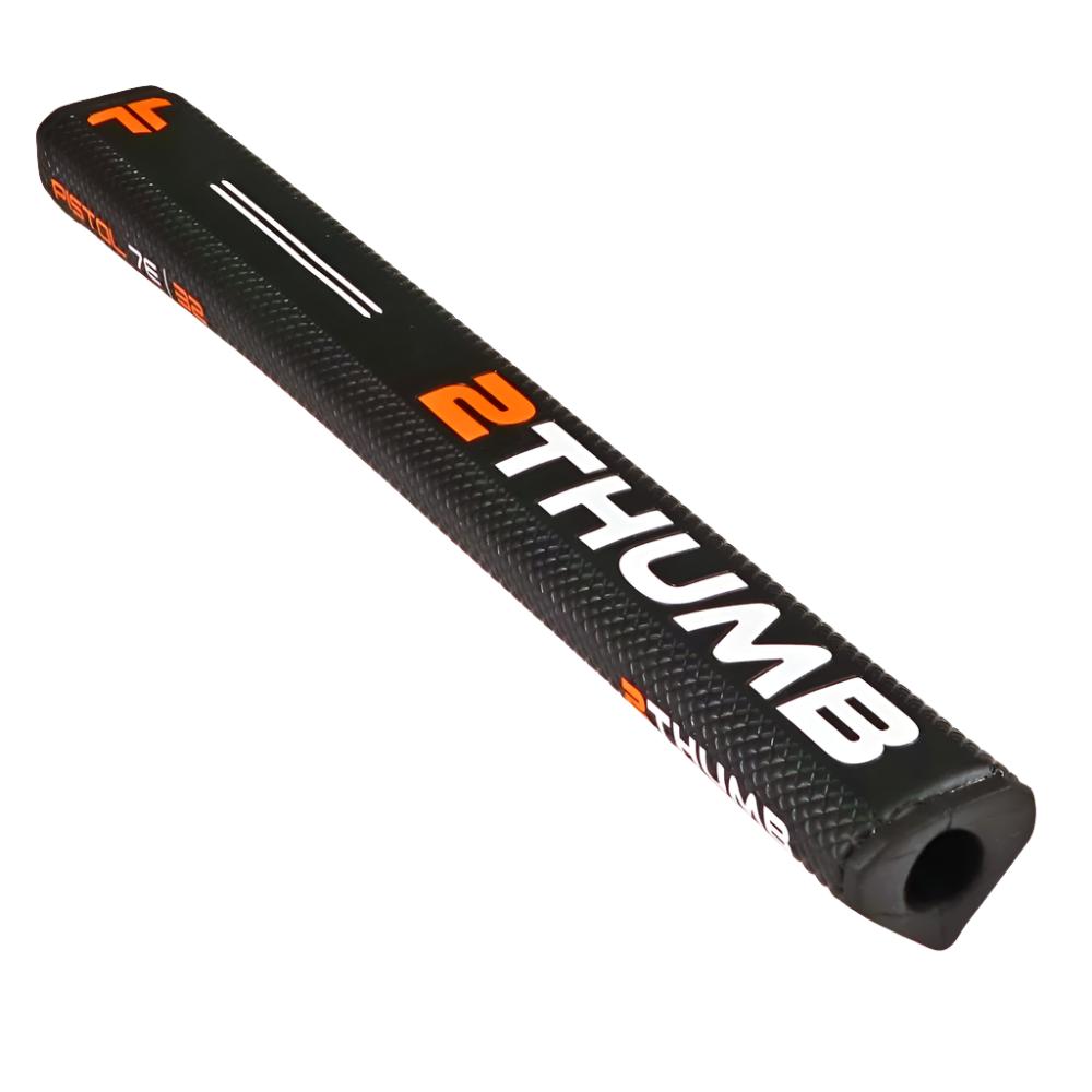 A black putter grip with the brand name 'Two Thumb' written in white and orange letters.
