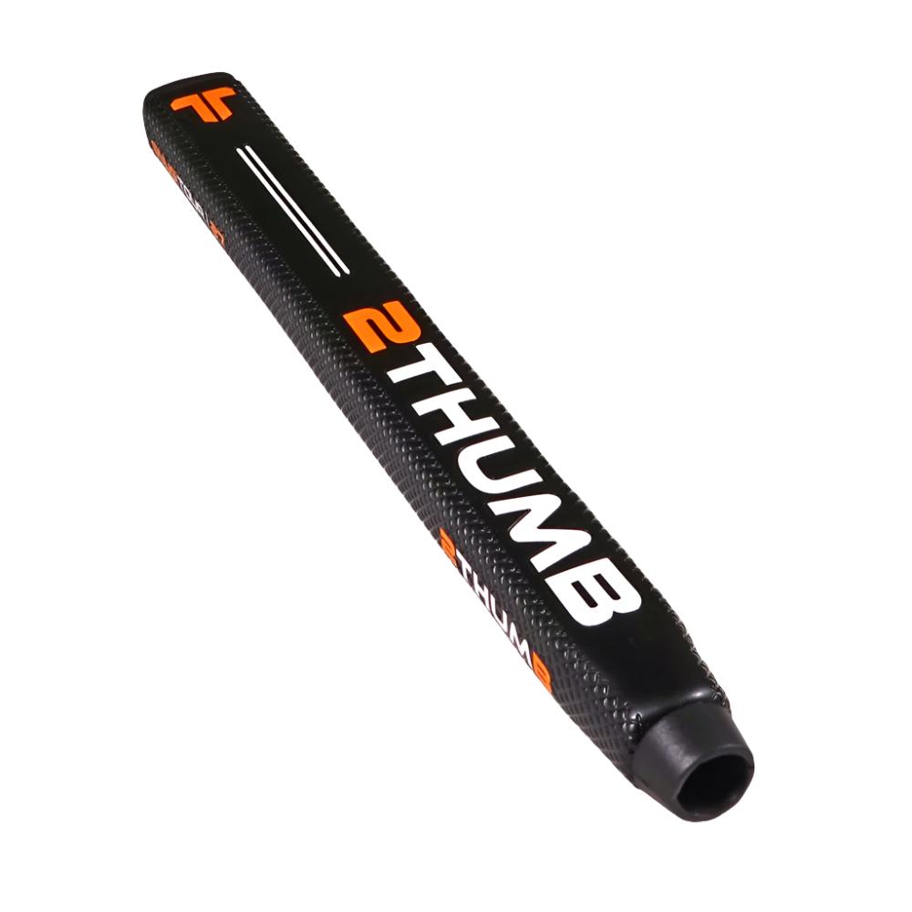 A black putter grip with the text '2THUMB' in white and orange letters, featuring a dotted texture pattern.