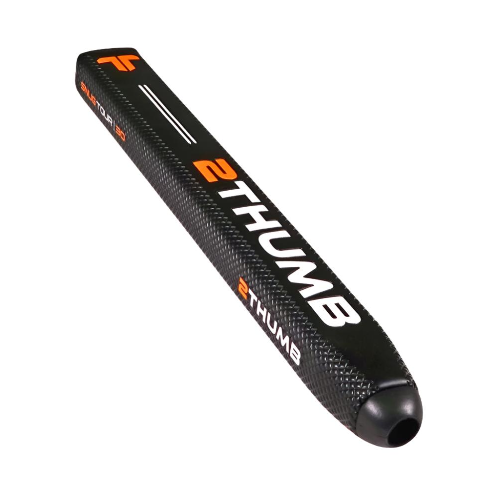A black putter grip with the branding '2THUMB' and orange details on it.