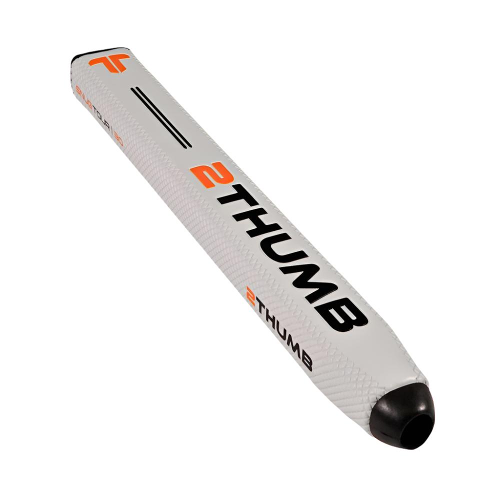 A white putter grip with the branding '2THUMB' and orange details on it.