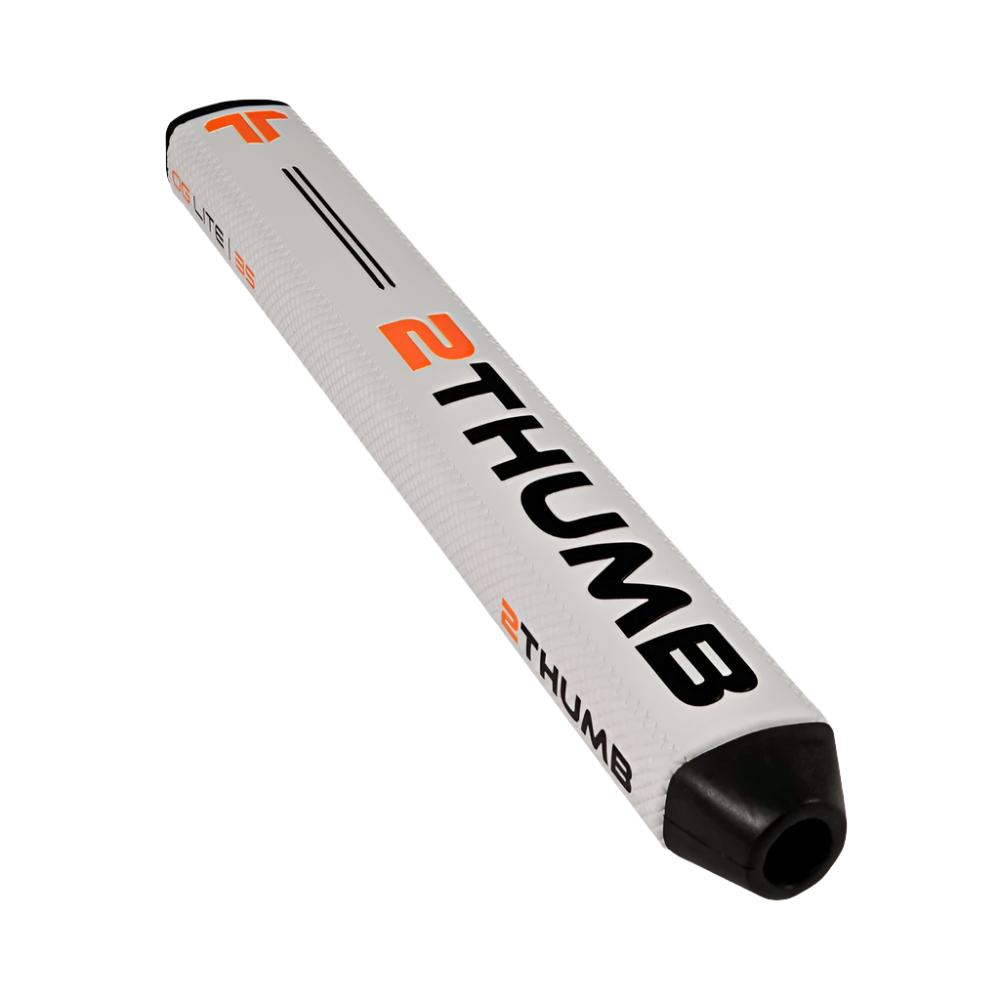 A white putter grip with the branding '2THUMB' and orange details.