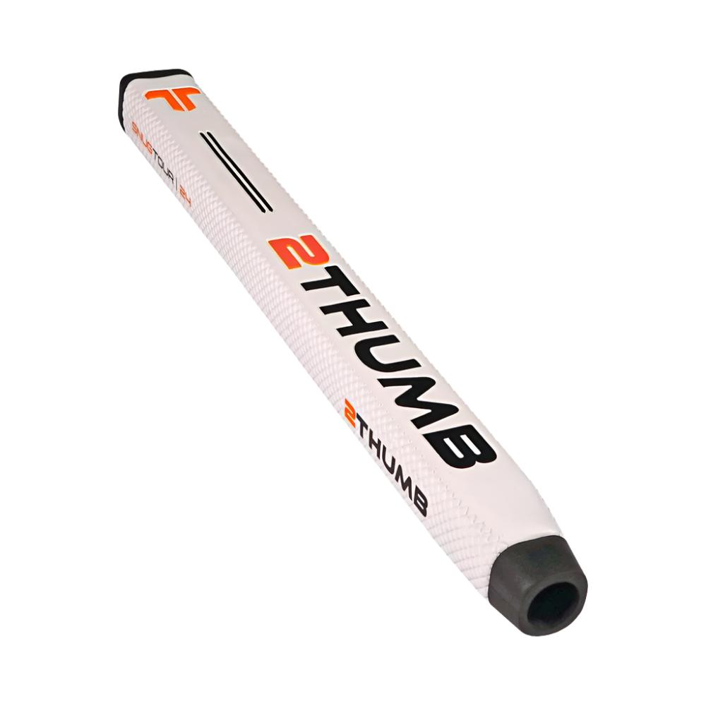 A white putter grip with the Two Thumb brand logo and orange and white branding details.