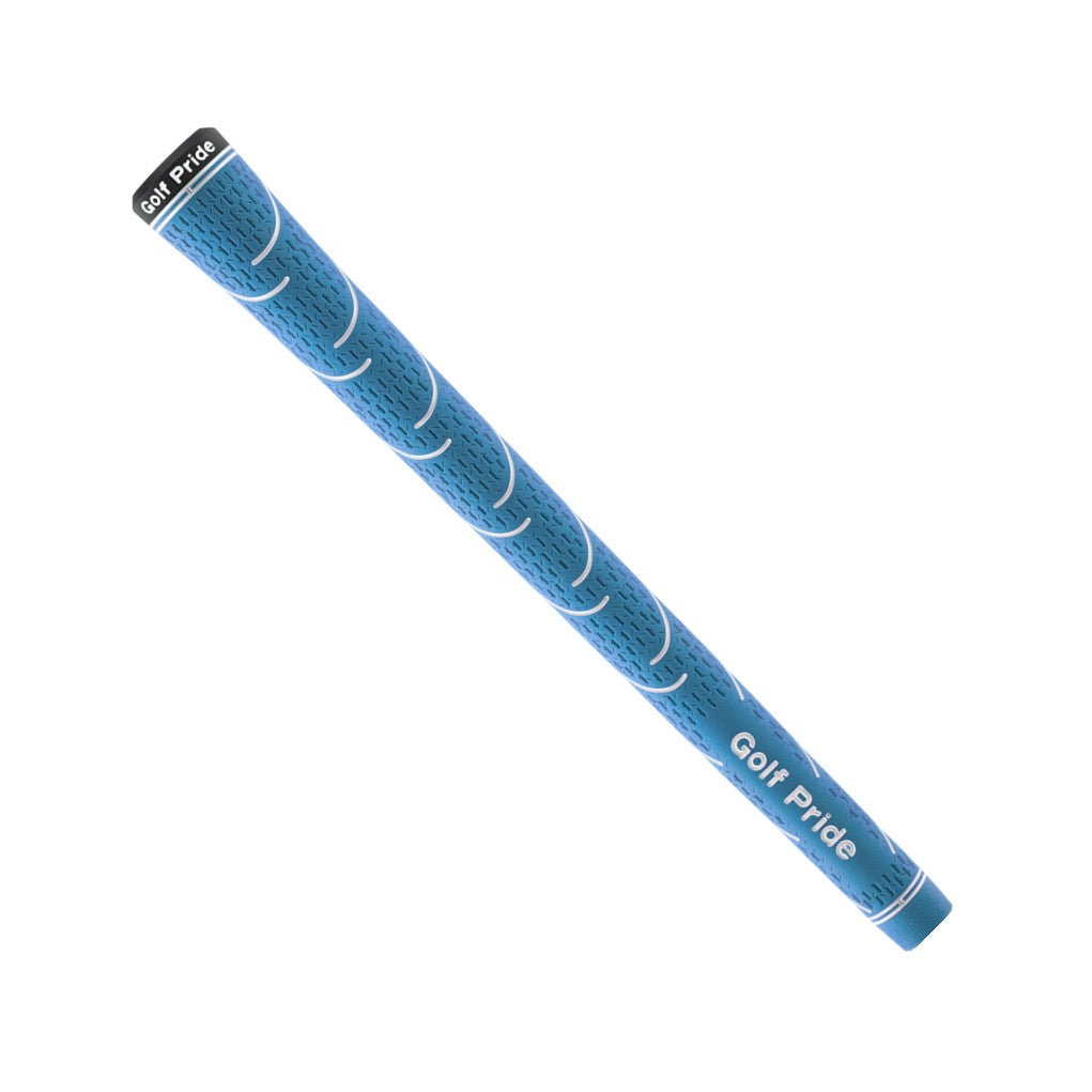 A blue golf grip with a blue logo at the top, featuring the text 'Golf Pride' on it.