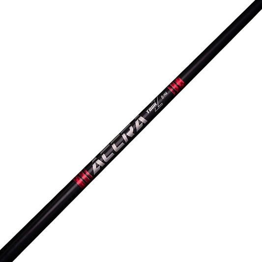 Black and red golf club shaft with 'Accra' branding on a white background