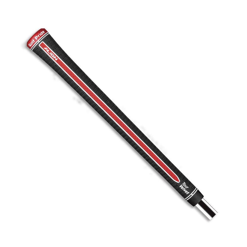 A black golf grip with a red stripe and white details, featuring raised ridge texture and branding on the end.