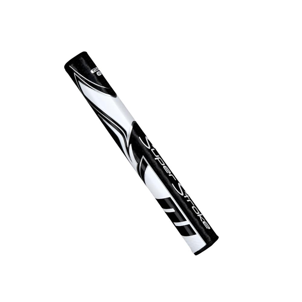 A black and white putter grip with a geometric pattern and the branding 'Super Stroke' visible.