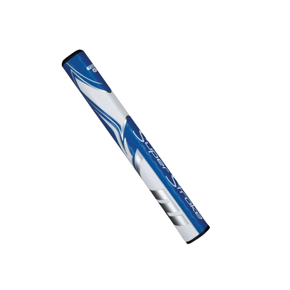 A black and white putter grip with a geometric pattern and the branding 'Super Stroke' visible.